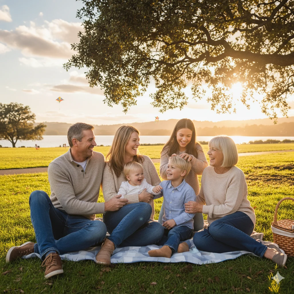 A blended family enjoying the sunshine knowing they've written their wills and everyone is protected.
