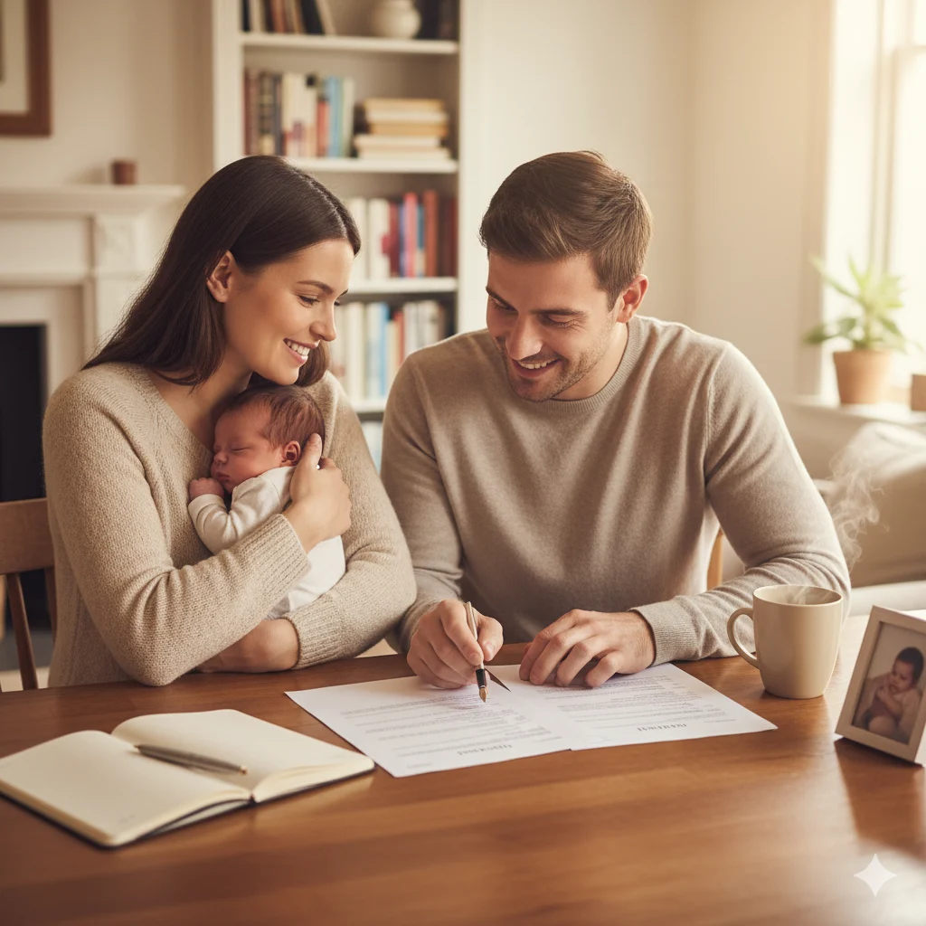 A couple putting their will in place to protect their newborn baby.